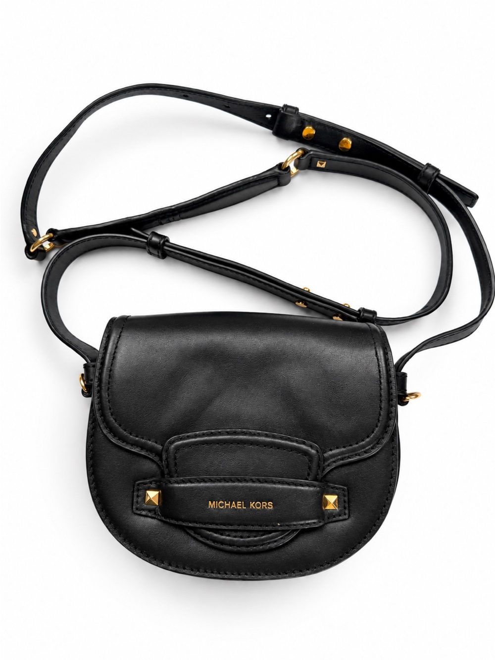 Michael Kors Black Leather Saddle Crossbody Bag Gold Stud Hardware